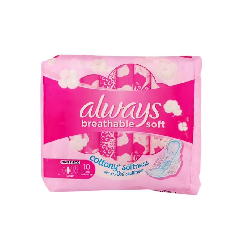 Always Breathable Soft Maxi Thick Pads with Wings, 10 Pads
