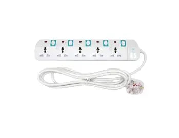 Aztech Powerflow 5-Way 5M Extension Socket, White