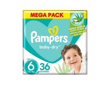 Pampers Baby-Dry Taped Diapers with Aloe Vera Lotion, Size 6, 13+kg, 36 Diapers