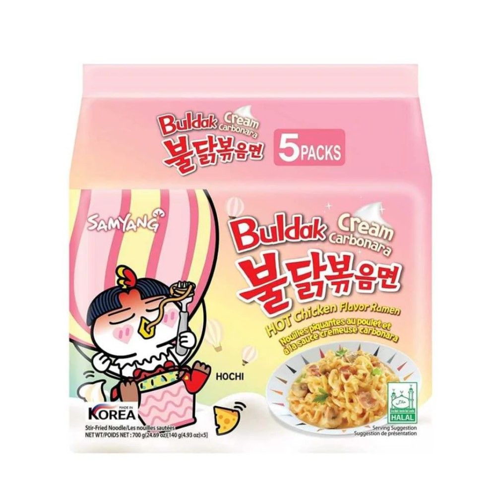 Samyang Buldak Cream Carbonara Hot Chicken Flavor Ramen Stir Fried Noodles Pack, 5x140g