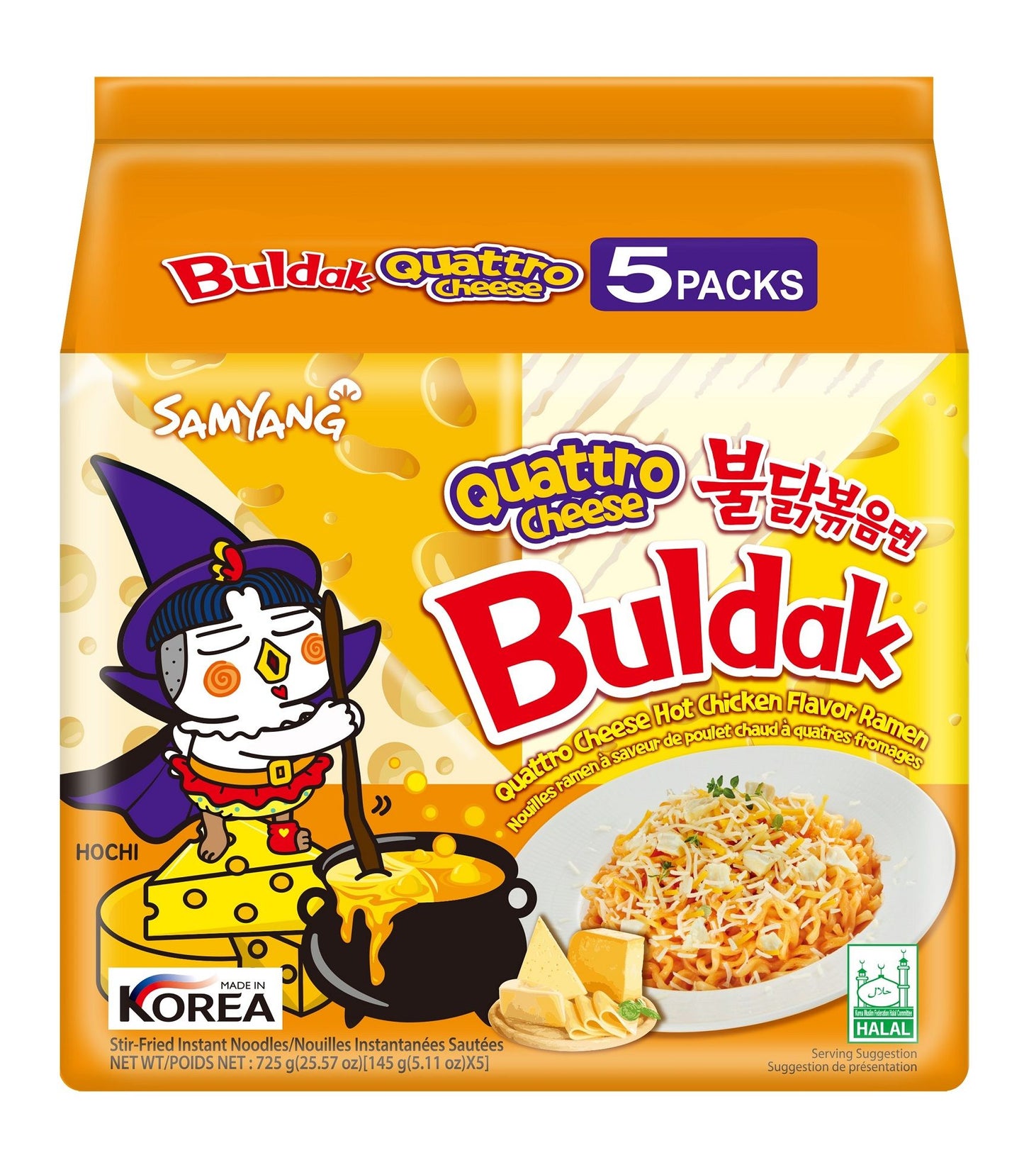 Samyang Buldak Quattro Cheese Hot Chicken Flavor Ramen Stir Fried Noodles Pack, 5x145g