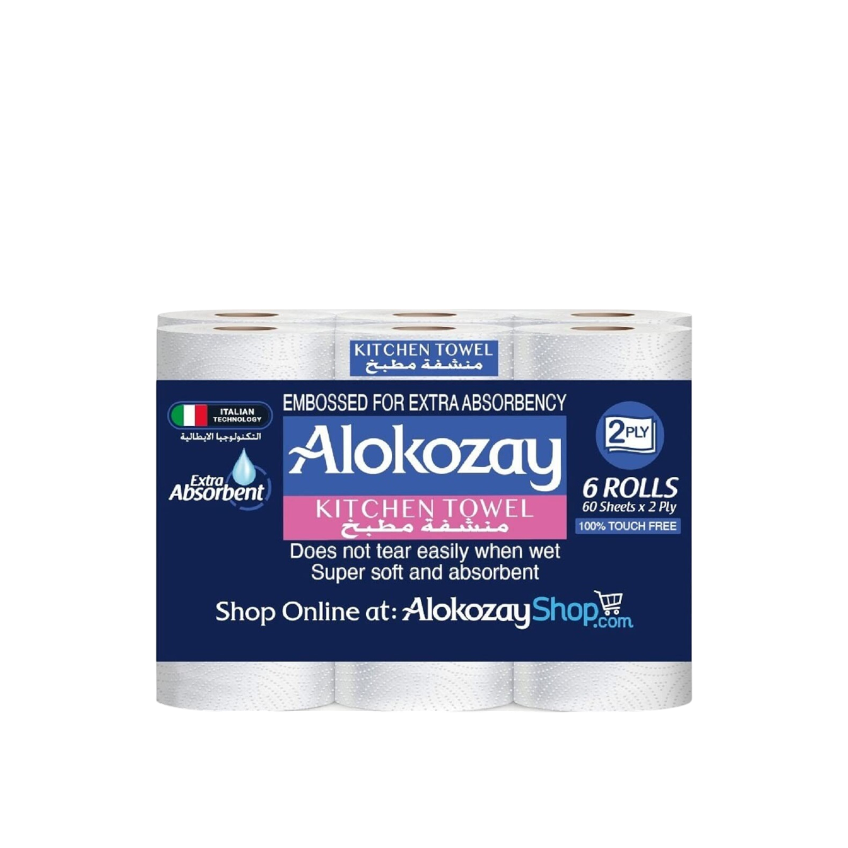 Alokozay Extra Absorbent Kitchen Towel 2Ply, 6 Rolls, 60 Sheets
