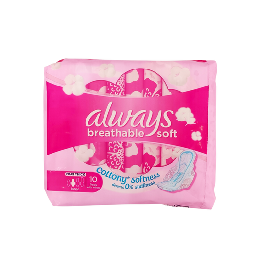 Always Breathable Soft Maxi Thick Pads with Wings, 10 Pads