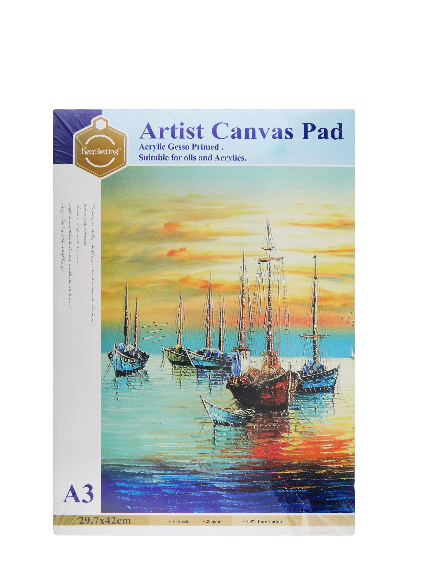 Keep Smiling Acrylic Gesso Primed Canvas Pad A3, 10 Sheets