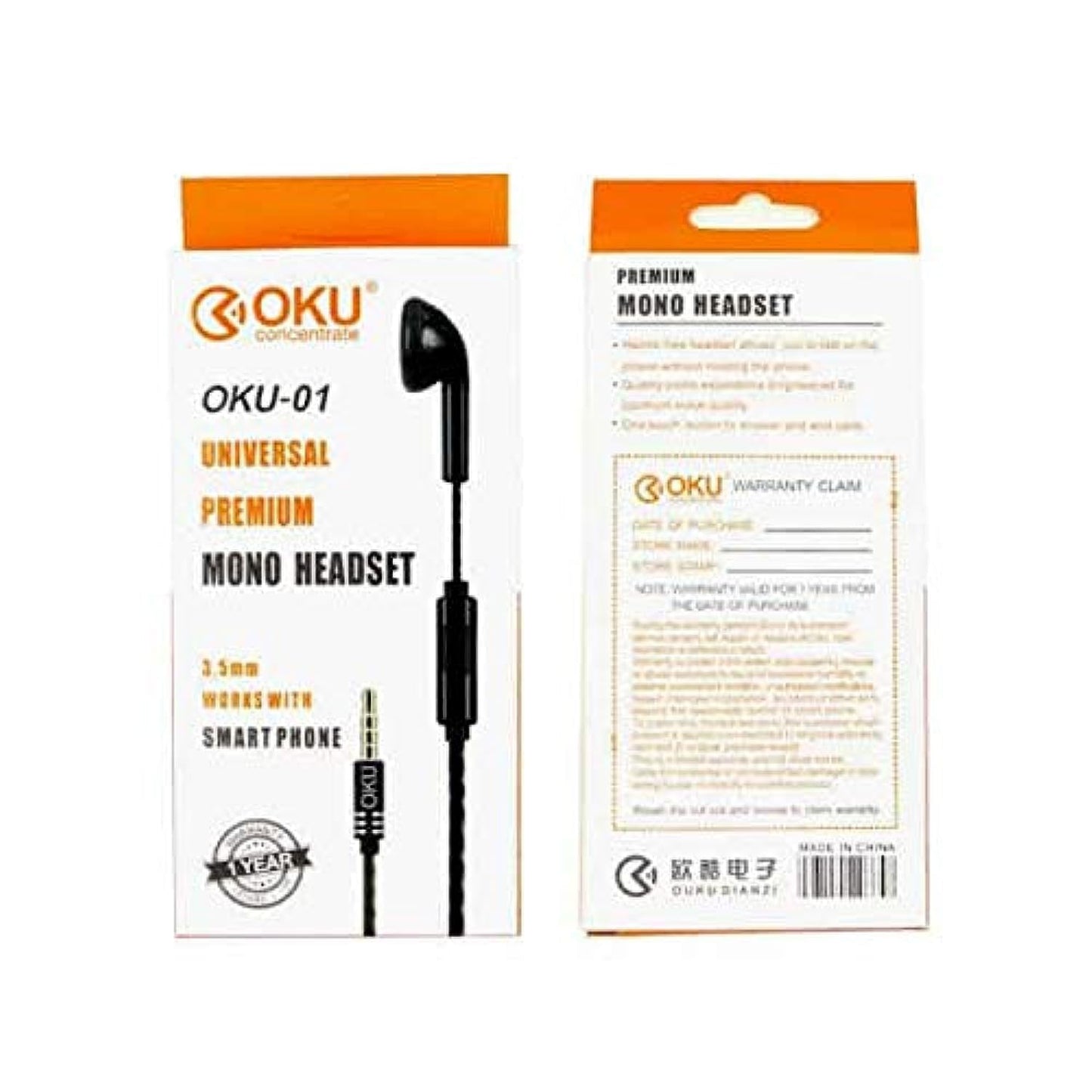Oku-01 Universal Premium Mono Headset, 3.5mm