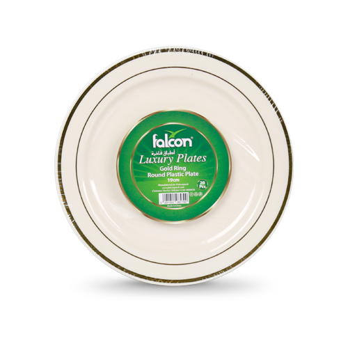 Falcon Plastic Plate Round Ivory - Gold Ring, 19cm (1 Pack x 20 Pieces)