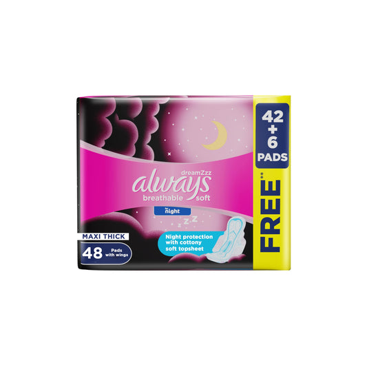 Always Breathable Soft Maxi Thick Night Sanitary Pads with Wings, 48 Pads