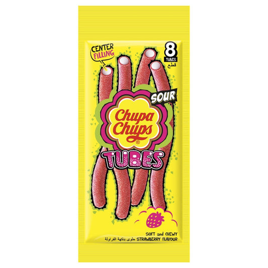 Chupa Chups Sour Long Tube Strawberry Jellies with Center Filling, 8 Pieces, 80g