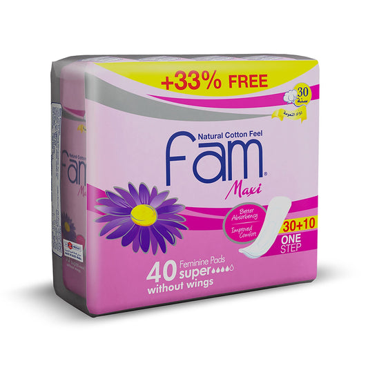 Fam One Step Natural Cotton Feel, Maxi Thick, Non-Wings Super Sanitary Pads, 40 Pads