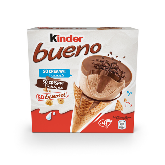 Kinder Bueno Classic Ice Cream, Creamy Hazelnut & Chocolate Topping Cones, 4x62g