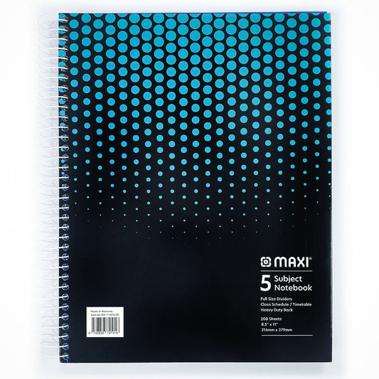 Maxi Spiral Hard Cover 5 Subject Notebook, 11 inchx8.5 inch, 200 Sheets, Assorted Colours, MX-11-HCSUB5