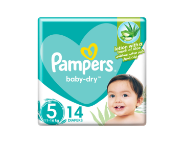 Pampers Baby-Dry Taped Diapers with Aloe Vera Lotion, Size 5, 11-16kg, 14 Diapers