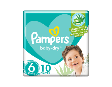 Pampers Baby-Dry Taped Diapers with Aloe Vera Lotion, Size 6, 13+kg, 10 Diapers