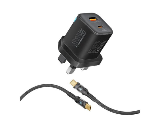 Promate 25w Dual Port Adapter Combo with 60W Fast Charging Usb-C Cable