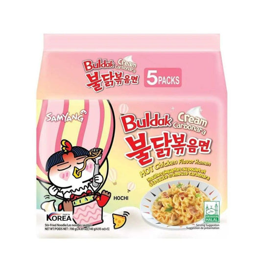 Samyang Buldak Cream Carbonara Hot Chicken Flavor Ramen Stir Fried Noodles Pack, 5x140g