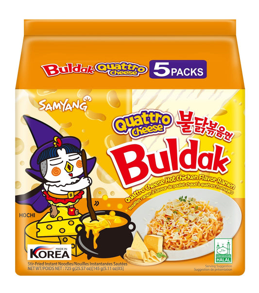 Samyang Buldak Quattro Cheese Hot Chicken Flavor Ramen Stir Fried Noodles Pack, 5x145g