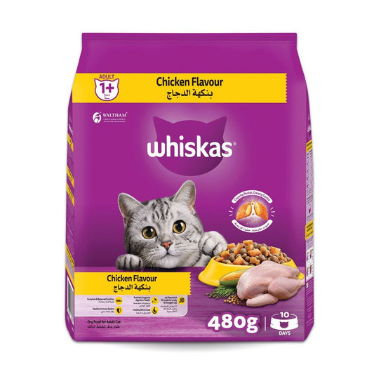 Whiskas Chicken Flavor Dry Cat Food Bag, Adult 1+ Years, 480g